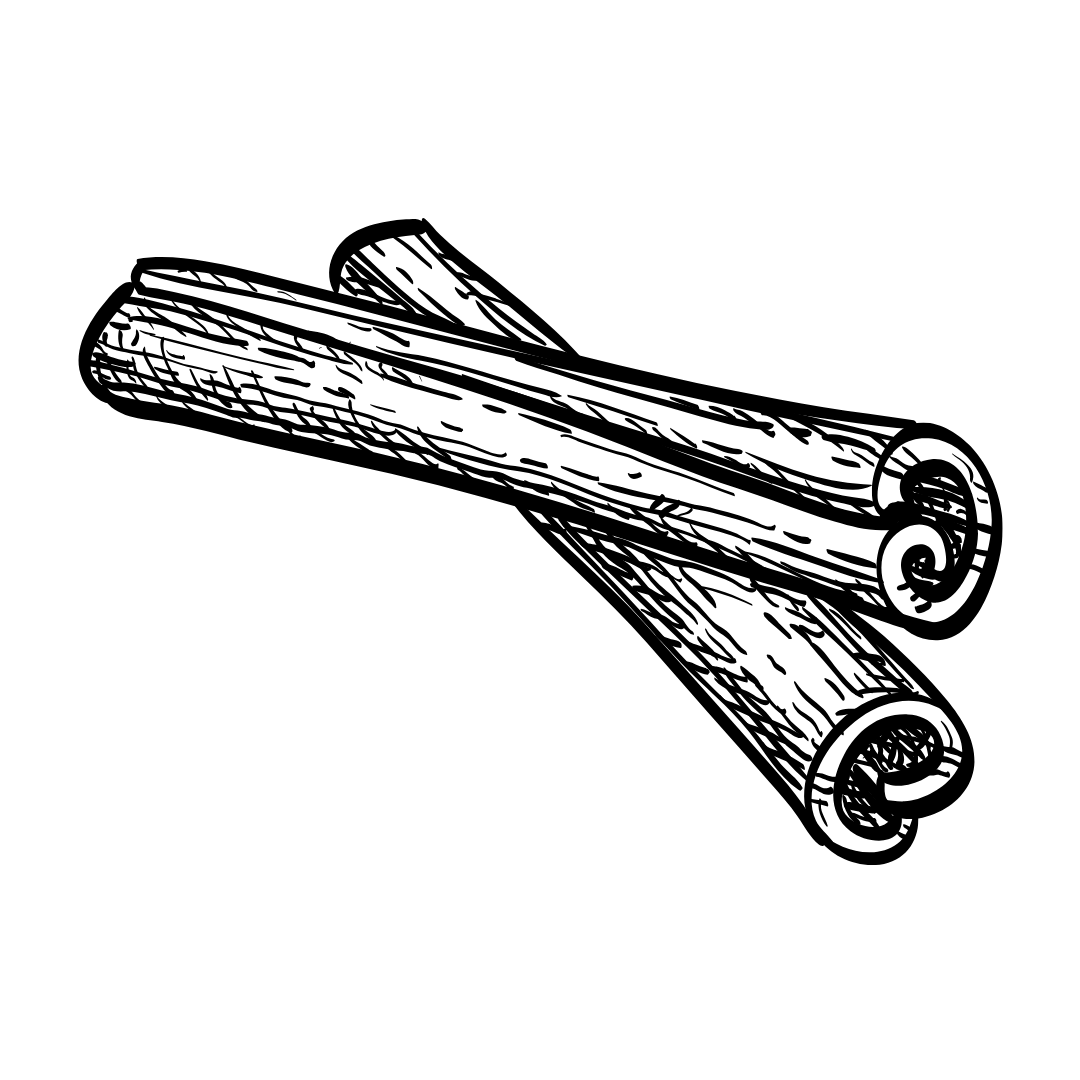 Black and white illustration of two cinnamon sticks on a white background