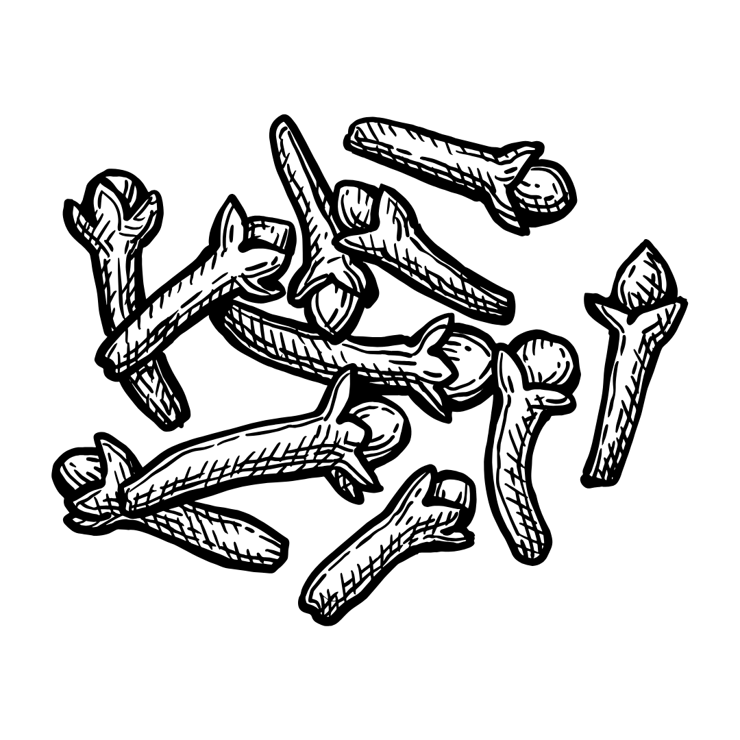 Black and white illustration of a pile of cloves on a white background