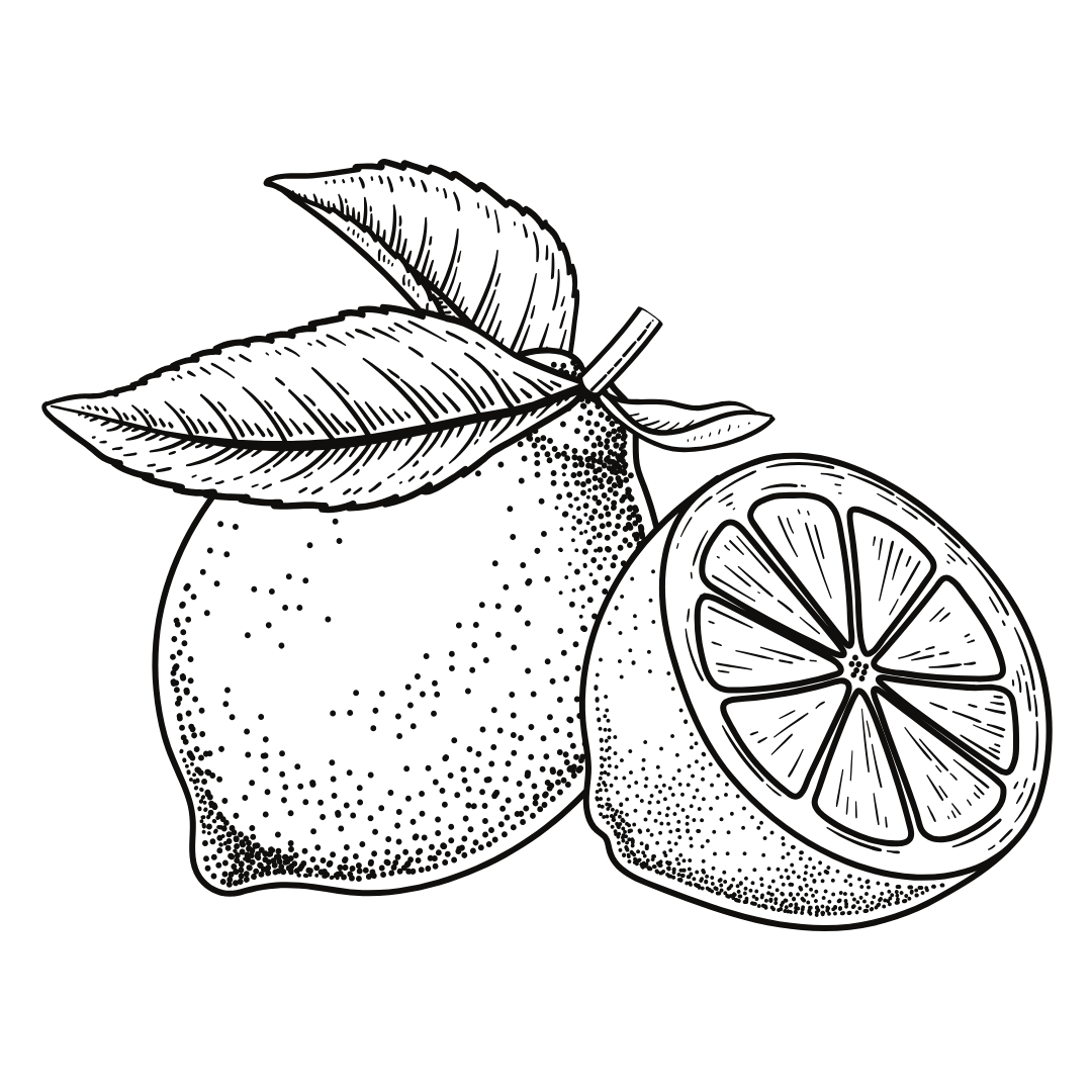 Black and white illustration of a lemon with a halved lemon showing the interior.