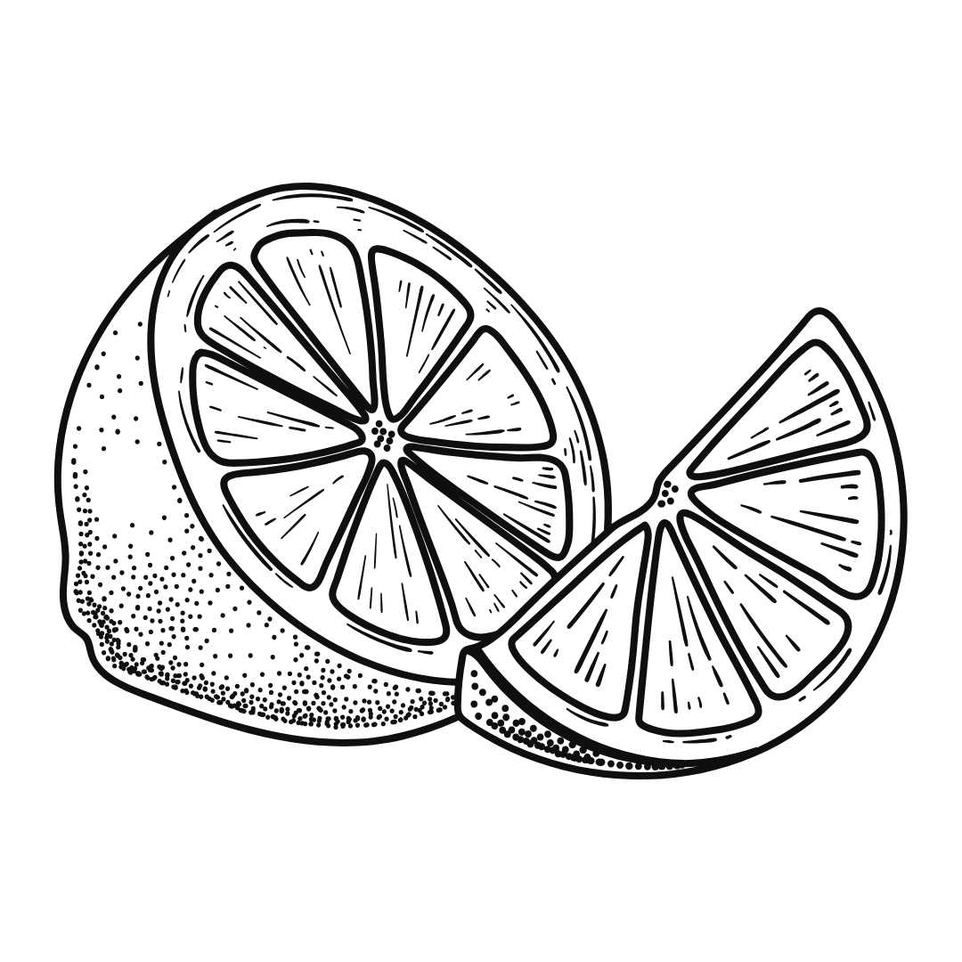 Black and white illustration of a sliced lemon on a white background